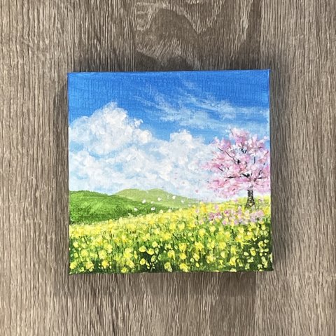 プチキャンバス絵画シリーズ♡アクリル画《原画》✴︎ 桜と菜の花の丘 ✴︎