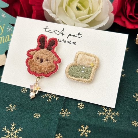 クリスマス　刺繍　ピンバッチセット　E