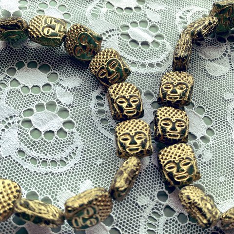 【2コセット】JIRI＊IVANA#czech beads #チェコビーズ　budda 14✖️12㍉　ramne green/gold