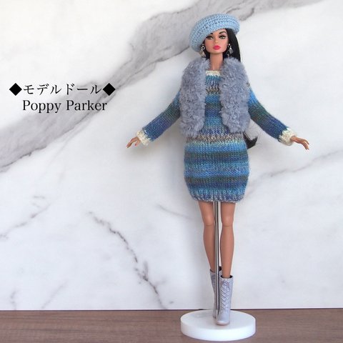 Barbie バービー 、Poppy Parker ポピーパーカー Misaki ミサキ サイズ◆ドール衣装4点セット◆ニット ワンピース・フェイクファー ベスト・ベレー帽・ピアス