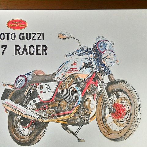 031 オートバイ　色鉛筆画　2Lサイズ　MOTO GUZZI V7 RACER