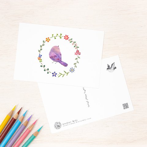 5枚セット。絵本のような。ポストカード "紫色の小鳥と花の輪" PC-58