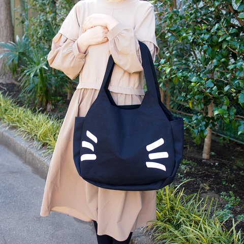 大きな猫顔トートバッグ 黒 Cat Tote Bag