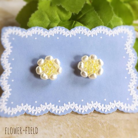 ビーズ刺繍ピアス＊淡水パール×イエロー