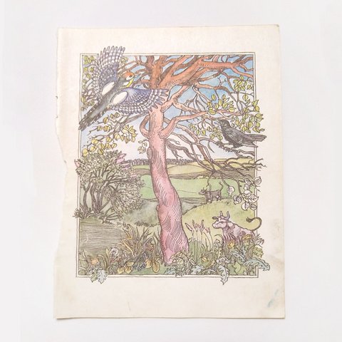 牧場の木と鳥と牛 リトアニア洋書 カルトン 戯画 イラスト図版 ヴィンテージペーパー 2002－3