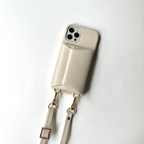 本革  スマホショルダー　ショルダー付き 背面収納カード 名前入れ レザーiphoneケース　ivory