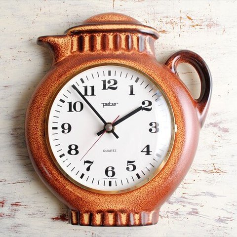 ドイツ製 Peter かわいいポット型 陶器のカフェクロック 壁時計 電池式 壁掛け時計 セラミック キッチンクロック アンティーク_230926