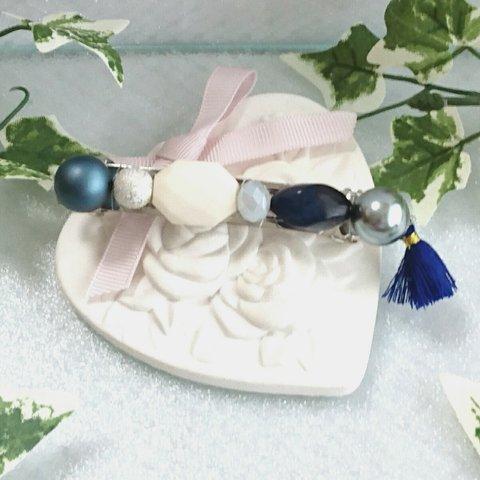 【送料込み】candy❇navy&white(タッセル) ビーズ バレッタ 