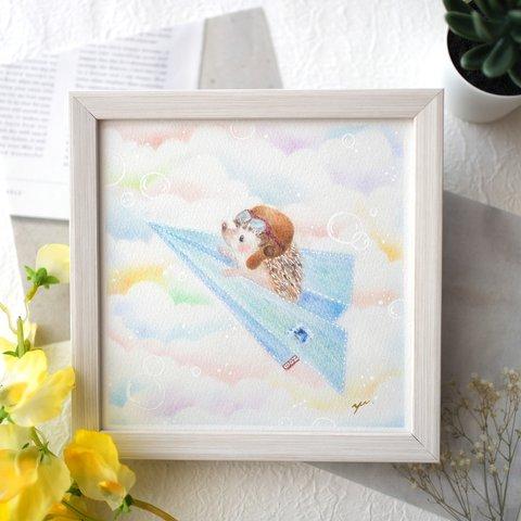 【原画】「デニム飛行機で虹色の空へ」　ハリネズミ　パステルアート　動物　かわいい　イラスト