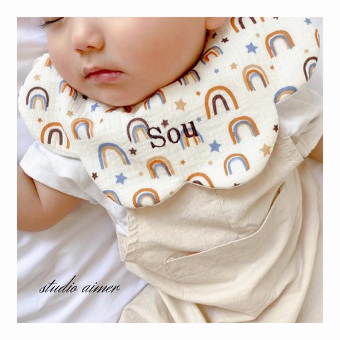 [  korean rainbow cotton bib   ]   名入れ  スタイ  刺繍  ガーゼ  出産祝い  ラッピング  女の子  男の子  360°  ラウンド  360度