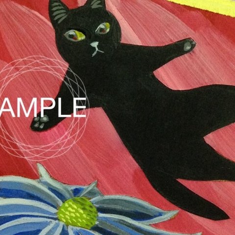 青い花と浮かぶ黒猫のイラスト