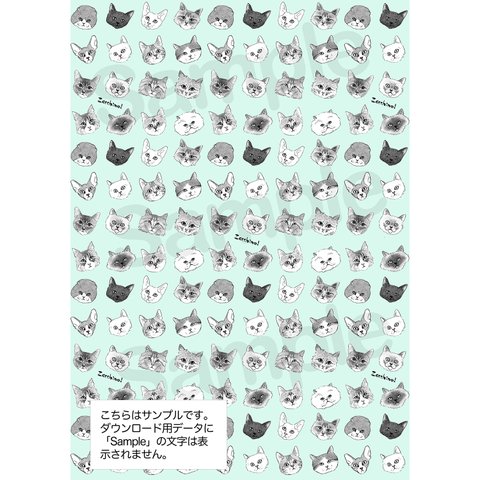 デザインペーパー「16Cats / Blue」　A4イラストデータ