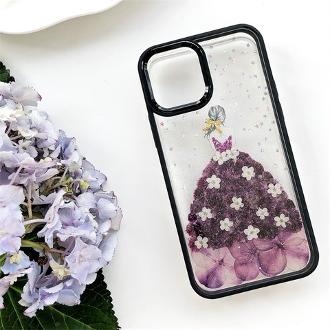 『かすみ草＆紫陽花』ドレス  シリコンケース 押し花スマホケース  iPhone15Pro/14/13/12/SE/11/8/7/XS/XR