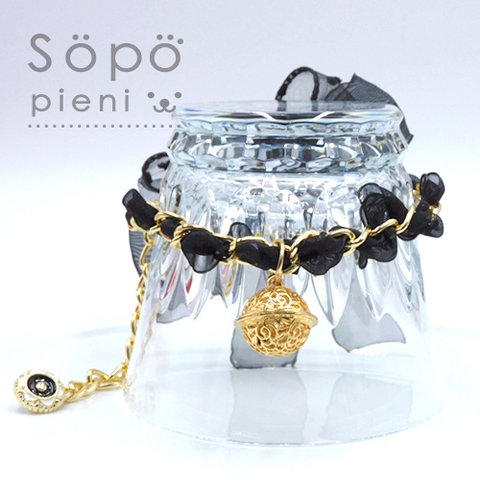 ペット用 Big Bell チェーンネックレスチョーカー（Black Ribbon & Gold Chain）