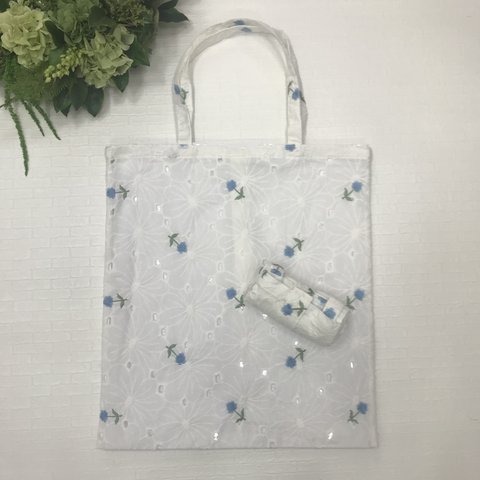 水色 フラワー＆フラワーのコットン刺繍 トートバッグ