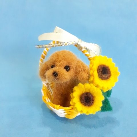 【summer sale】羊毛フェルトの犬　バスケットに入ったトイプードルと向日葵