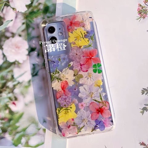 本物のお花 カラフル 四つ葉のクローバー フラワー 押し花 スマホケース ドライフラワー