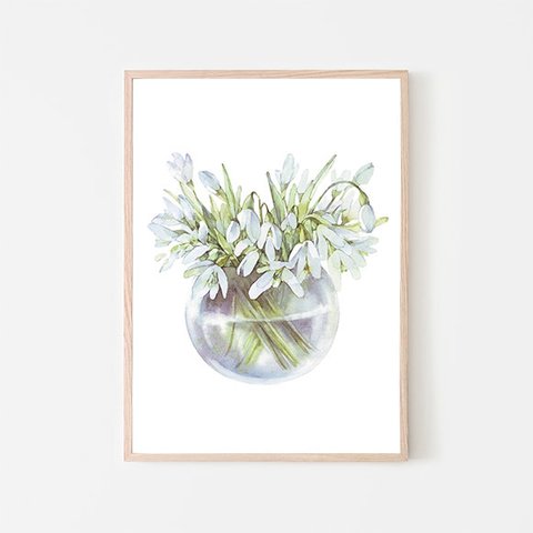 スノードロップ / アートポスター 水彩画 イラスト アートプリント 花 フラワー ガラスジャー 水 白い花