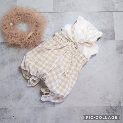 リネン　ナチュラルギンガムチェックのふっくらカボチャパンツ　　  ✂️オーダー制作です