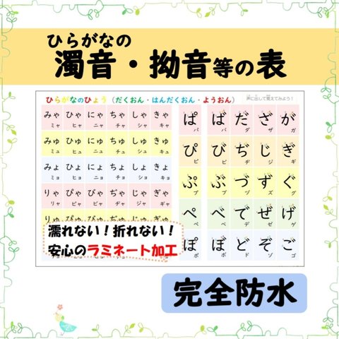 ②ひらがなの濁音/半濁音/拗音の表☆お風呂でも使えるポスタータイプ☆好奇心湧く５色フルカラー採用◎