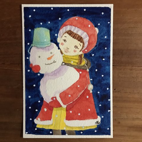 ＊雪だるまと少女＊　原画　クリスマス　雪だるま　ポストカード