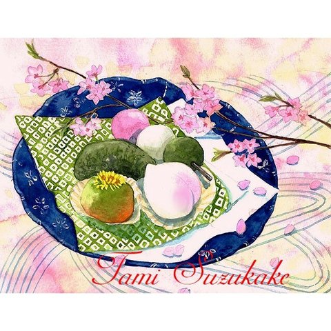 水彩画・原画「桜の花と和菓子」