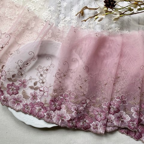 1m 広幅 美しい 花 フラワー 刺繍 チュールレース スモーキーピンク BK240313 ハンドメイド 手芸 素材