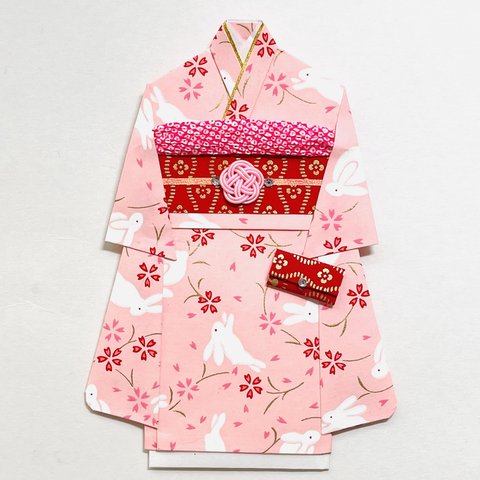 着物のポチ袋1997 QUOカードサイズ　ピンク地　うさぎ　桜　ひな祭り