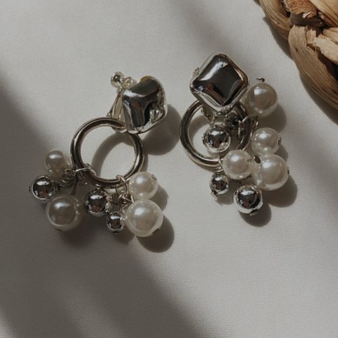 シルバーフープ×パール　ピアス/イヤリング