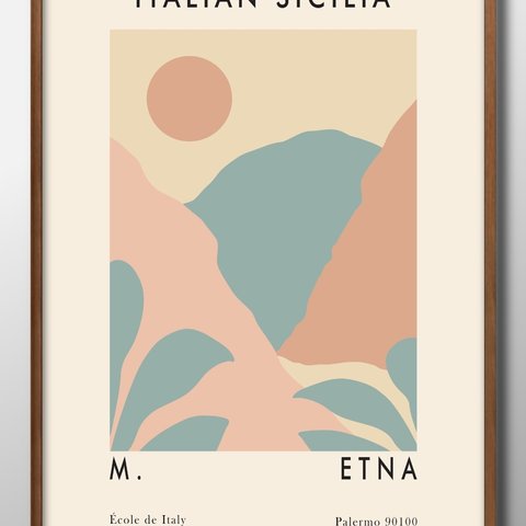 6924■ポスター アート 絵画 『シチリア島　エトナ火山　イタリア』 北欧 A3 イラスト デザイン マット紙
