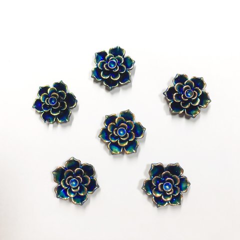 【20mm　6個】ブラック×ブルーオーロラ　バラのアクリルカボション　ラメ　花  AB