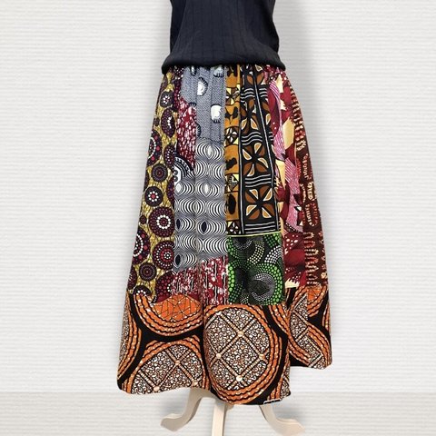アフリカ布　ギャザースカート　ロングスカート　パッチワーク