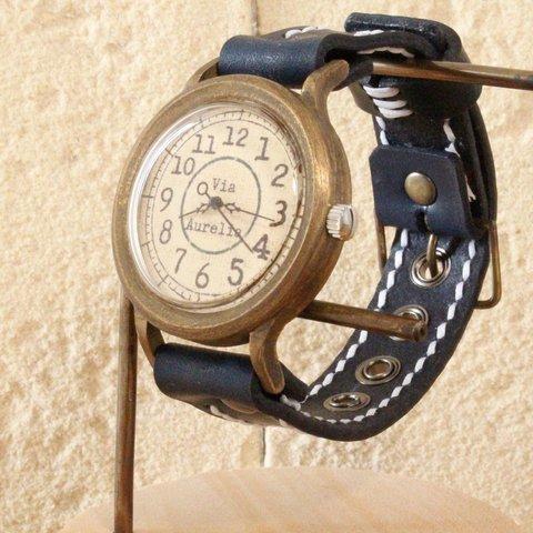 手作り腕時計　Via Aurelia(レトロGreen & Navy Blue )   --- アンティークでシンプルな男性、女性兼用腕時計。ベルトは牛革を使用。