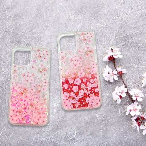 『満開の桜』iPhoneケース♪グリッターケース 春 お花見 花柄 サクラ アイフォン カバー キラキラ ラメ かわいい iPhone15