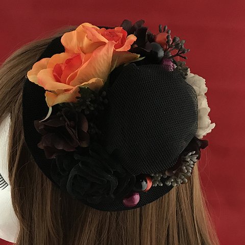 花の髪飾り　帽子ヘアクリップ　オレンジローズ　結婚式 パーティー お呼ばれ プレゼント　1854-OH