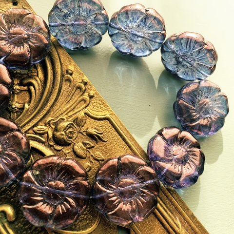 再販【2コセット】#czech beads#チェコビーズ　flower23㍉　luster purple＊blue