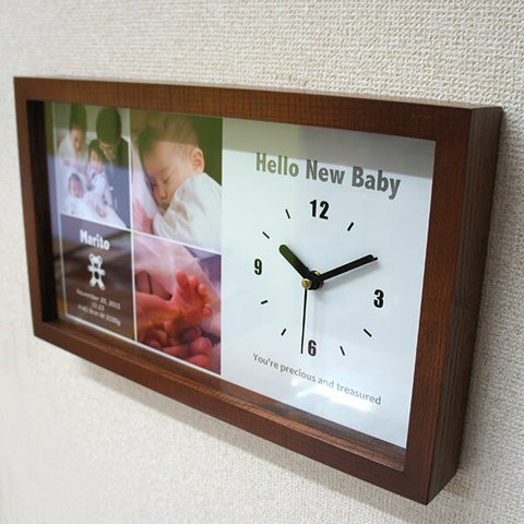 思い出の写真で作る 長方形フレームの時計(木製)　オーダーメイド壁掛け時計
