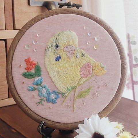 【受注生産】『インコ刺繍🕊‎𓂃◌𓈒𓐍瞬きを永遠に……刺繍フレーム(大)』bird embroideryframe