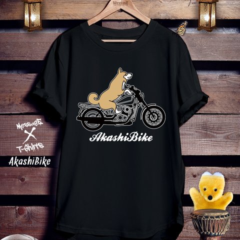 柴犬バイク黒Tシャツ「AkashiBike」