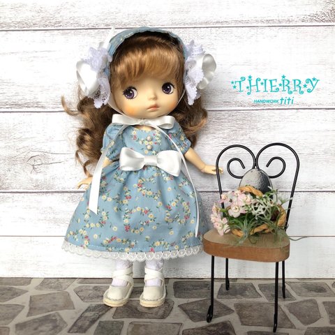 ☆THIERRY☆モンストドール・イーマリーちゃん着せ替えお洋服　ブルー花柄ワンピース　ヘッドドレス