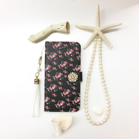 小花ローズガーデン柄 手帳型 スマホケース【pajour 】【パジュール】【黒】薔薇 iphoneX/Xperia/plus/iphone8/xz/SC-04/AQUOS/Android/galaxy