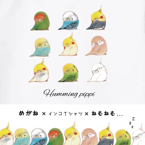 おとなサイズ めがねインコTシャツ(ねむねむ)【えらべる＊お名前入りorイニシャル入りオーダーメイド】ギフト