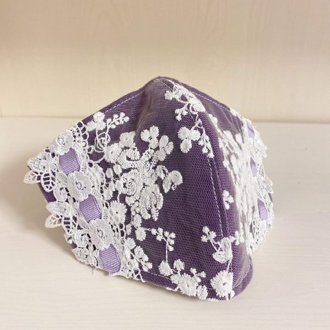 インナーマスク　ダブルガーゼ　紫　冬　チュール　リボン　花柄　パープル