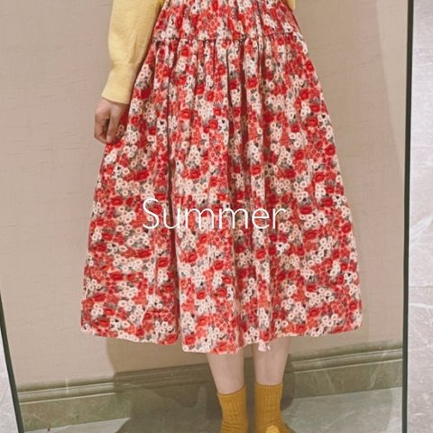  赤*厚くの花柄ロングスカート/ドレス*レデイース