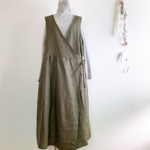 𝓃ℯ𝓌𓂃𓂃ヨーロッパリネンのカシュクールワンピース/khaki /ジレワンピース