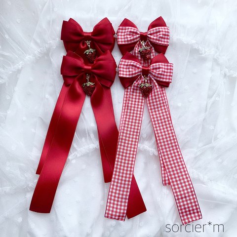 Jewel strawberry ロング ♡リボン へアクリップ  ギンガムチェック  量産型 ロリィタ ロリータ 赤 レッド ヲタク ゆめかわいい 病みかわいい