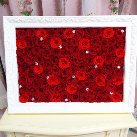 感謝SALE　『１００本の赤い薔薇』A3特大サイズ額入り　豪華　スワロフスキー　デコレーション　　薔薇 赤・レッド　プロポーズ・ウェディング・還暦祝い・誕生日