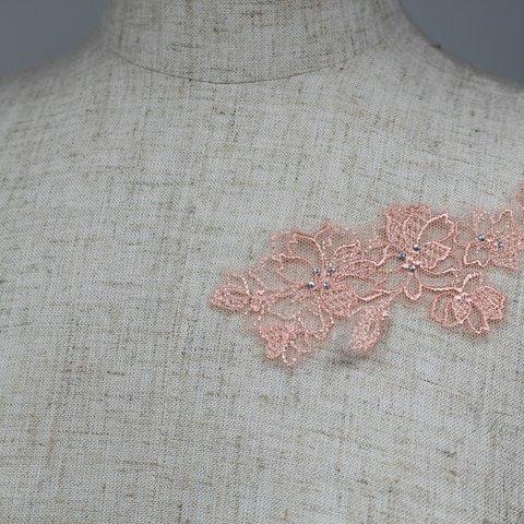 チュール刺繍モチーフ 花 サーモンピンク　ラインストーン付き　4枚 (MFLA22SPBHLS) 