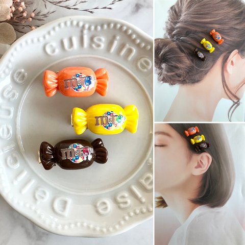 【3色 mキャンディ】3コセット 髪留め ヘアクリップ  フェイクフード ミニチュアフード スイーツデコ