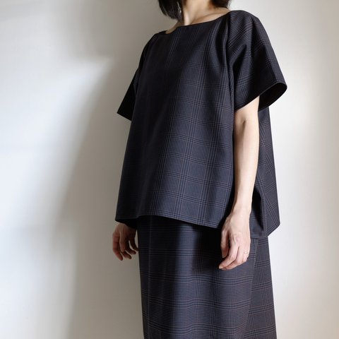 ブラウス / ワイドスクエアー ハーフスリーブ / グレンチェック 起毛コットン【 チャコールグレー】 / wide square half sleeve shirt